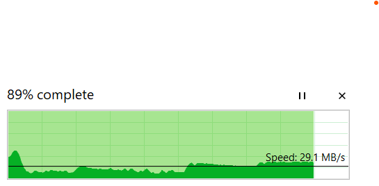 screenshot of file being copied to kingston flash drive showing average write speed of about 29MB/s